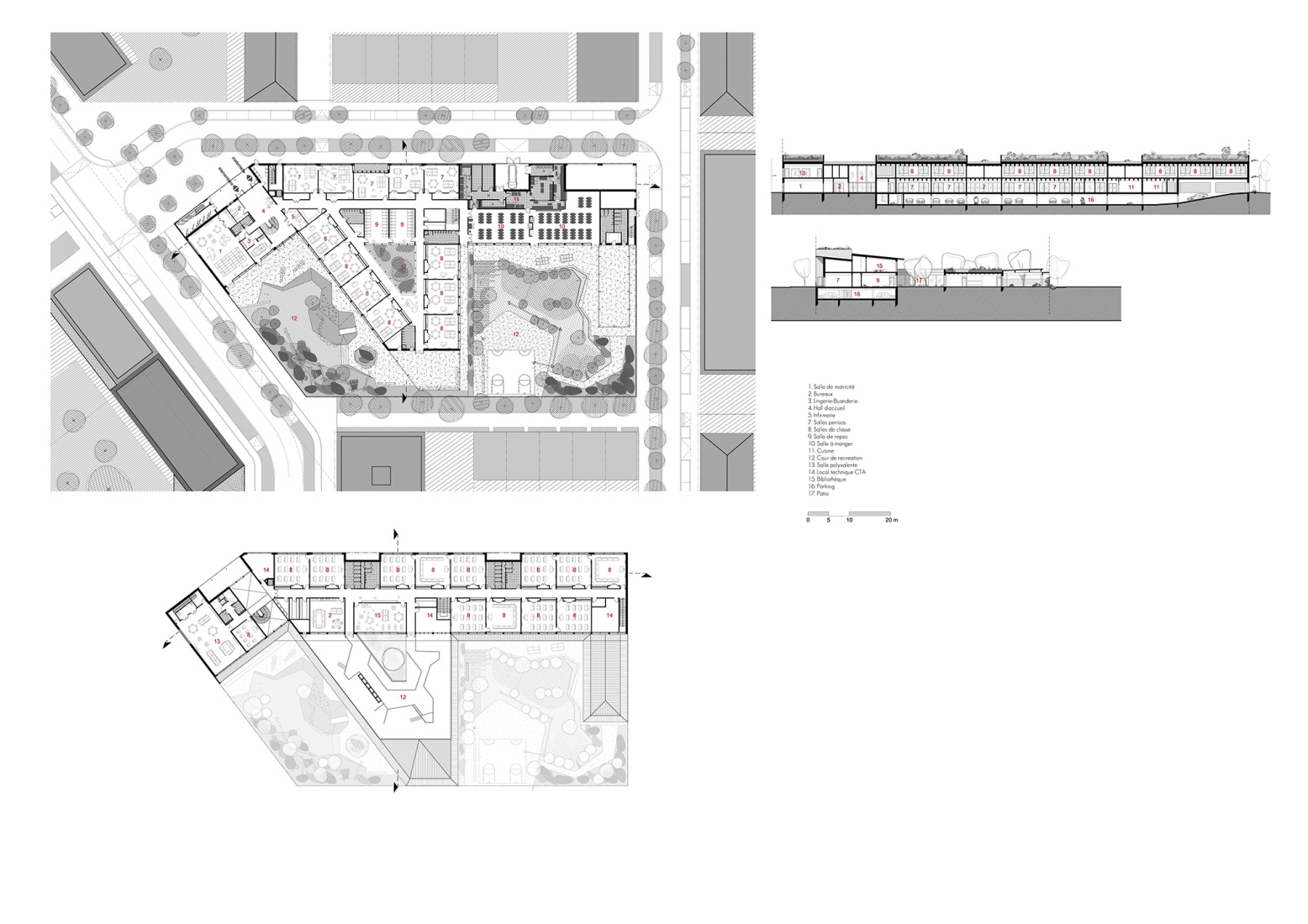 Plano de planta baja / Plano de primera planta / Secciones. Escuela Missak y Mélinée Manouchian por Tracks Architectes.