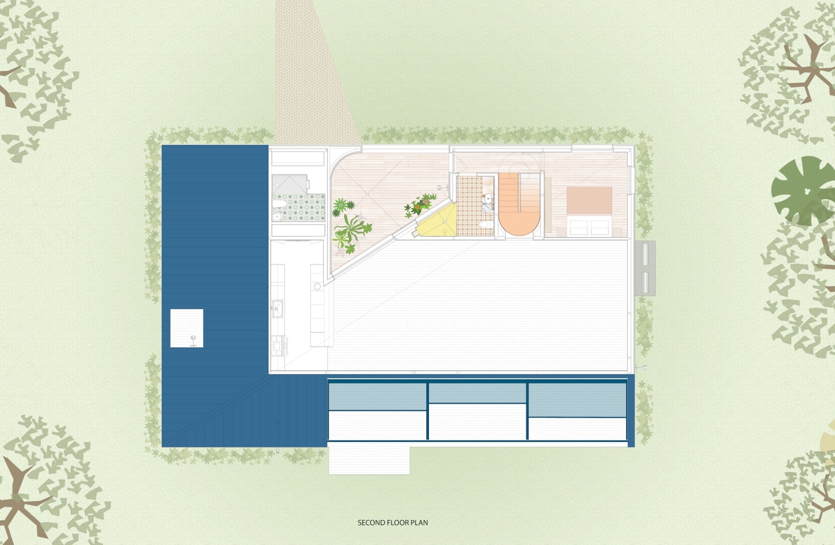 Plano de planta alta. Casa del río por WORKac. 