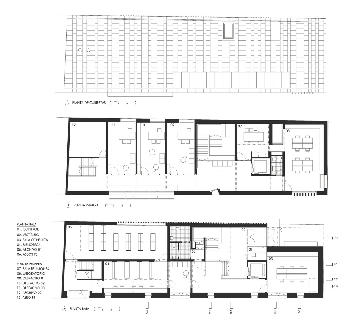 Ground floor, first floor and roof floor plans. Fundación Atapuerca Expansion by A2G Arquitectos + Oa estudio.