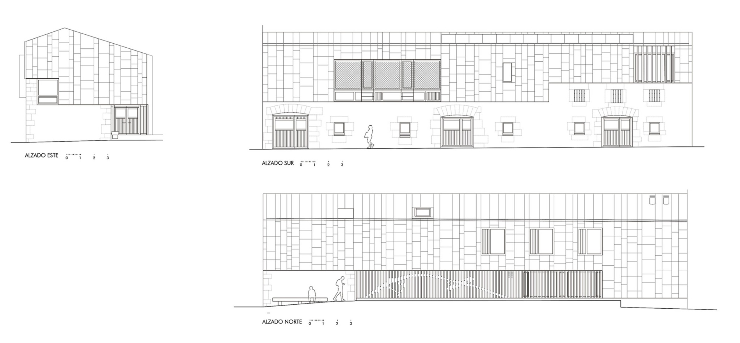 North, south and east elevations. Fundación Atapuerca Expansion by A2G Arquitectos + Oa estudio.