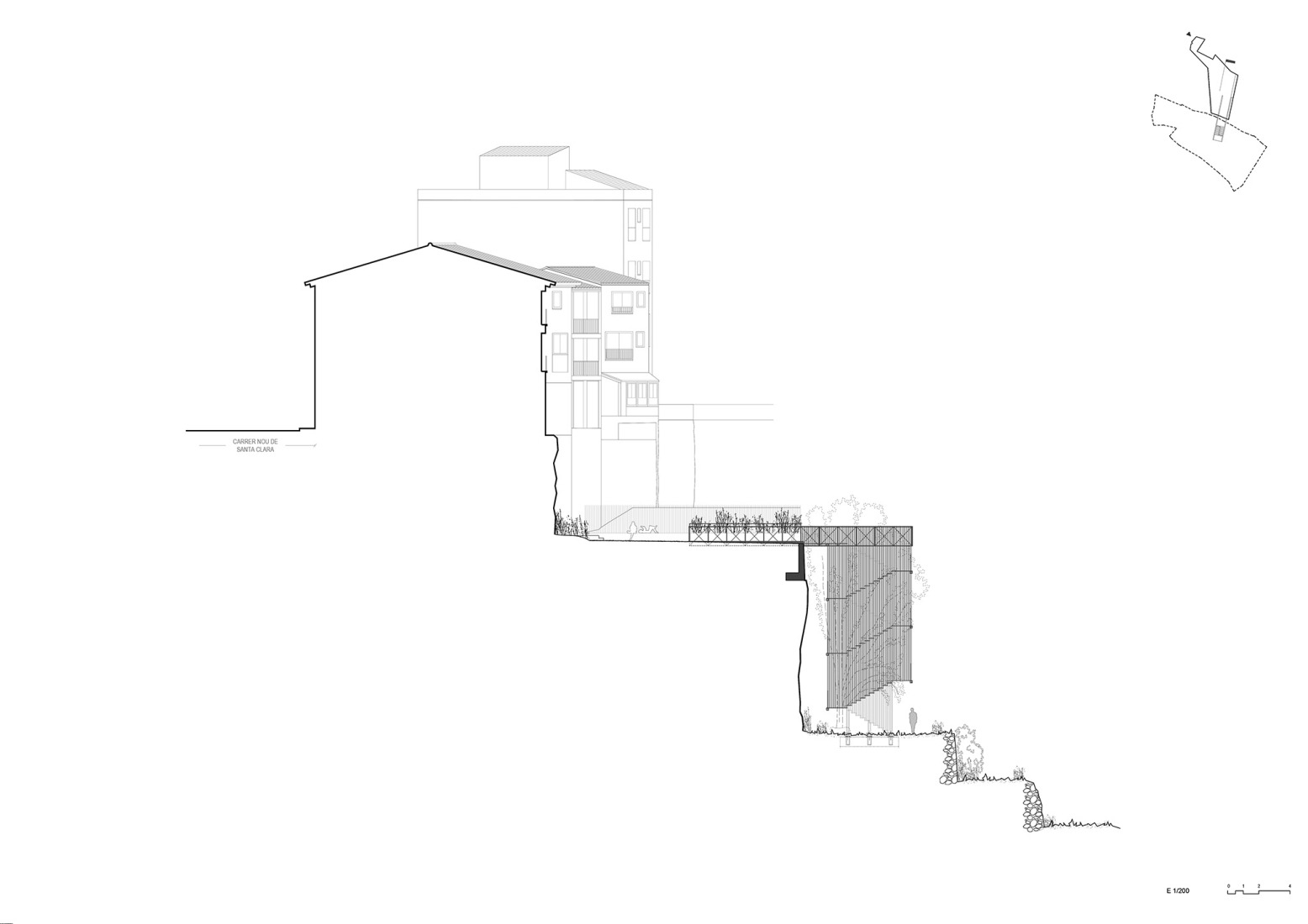 Longitudinal section. Landscape staircase in la Vall del Paradís by Comas-Pont arquitectes.