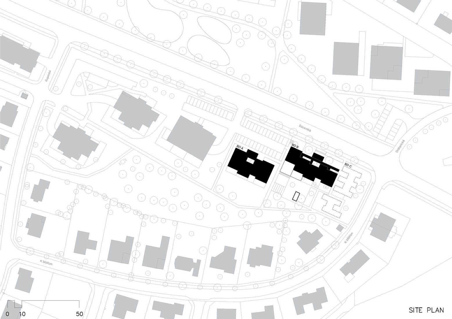 Plano de situación. Viviendas de Madera Žďár por Kuba & Pilař architekti.