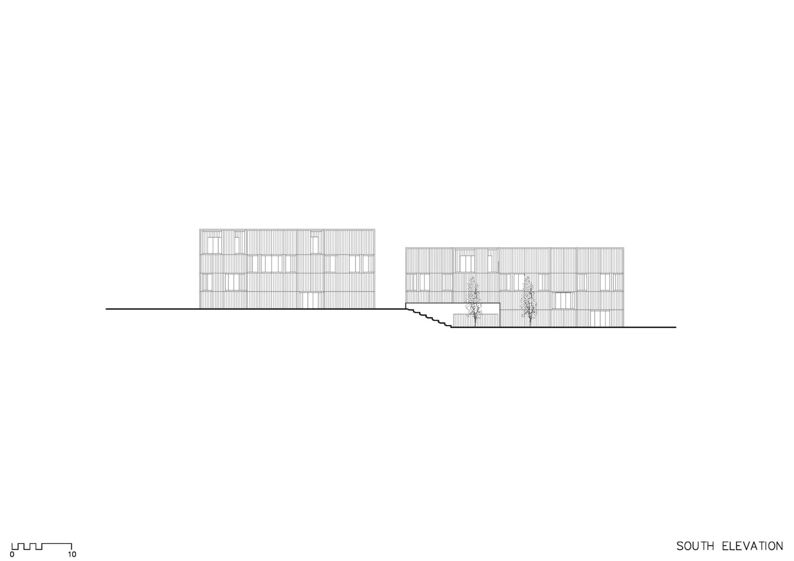 Alzado sur. Viviendas de Madera Žďár por Kuba & Pilař architekti.