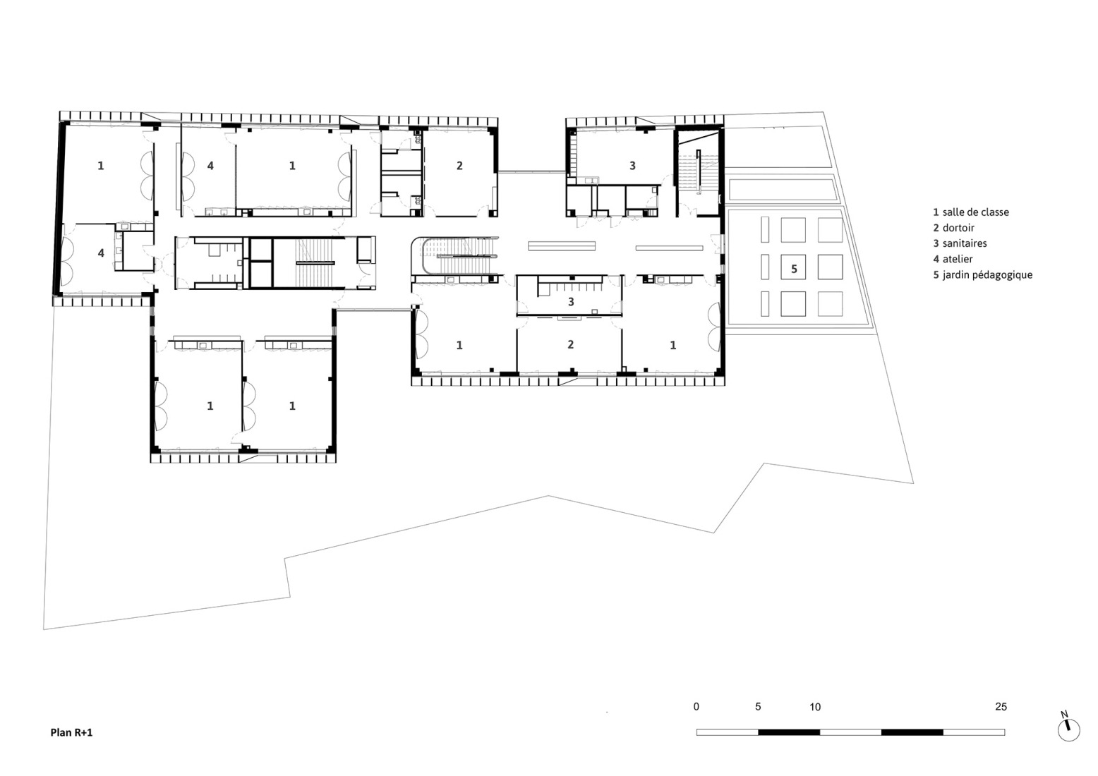 First floor plan. School complex Sophie Germain by Marjan Hessamfar and Joe Vérons.