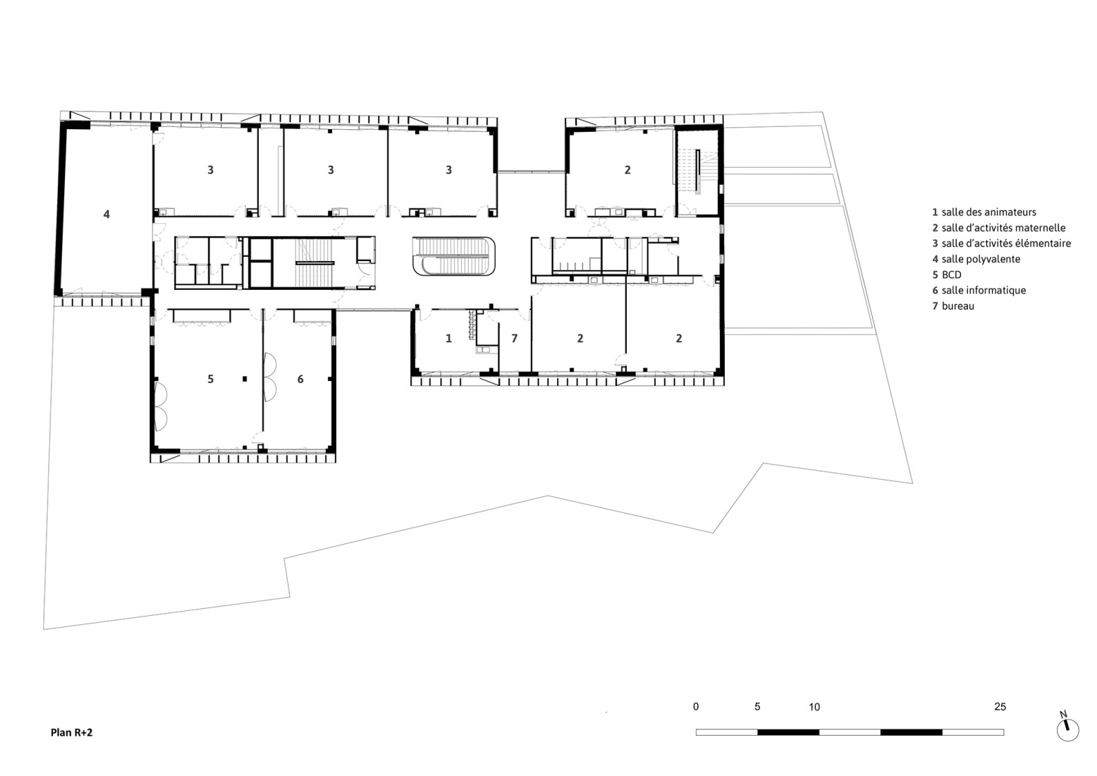 First floor plan. School complex Sophie Germain by Marjan Hessamfar and Joe Vérons.