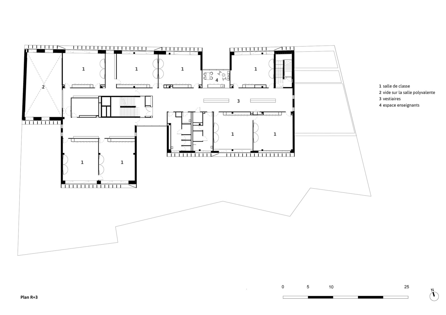 First floor plan. School complex Sophie Germain by Marjan Hessamfar and Joe Vérons.