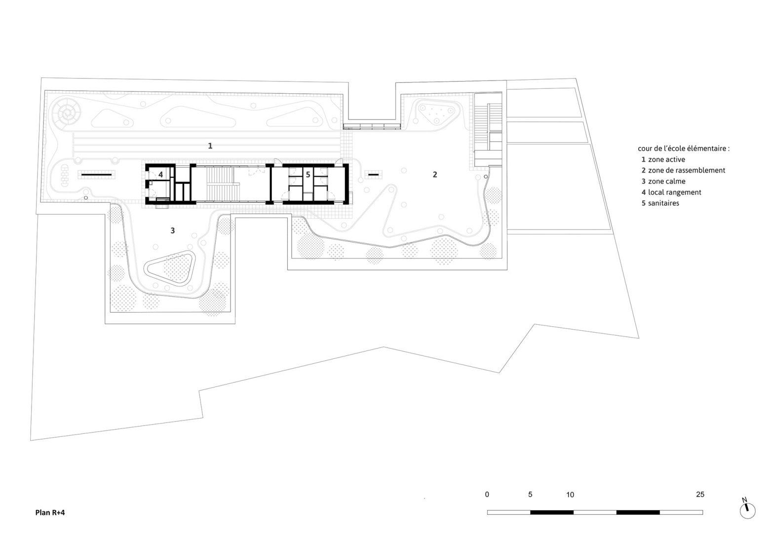 First floor plan. School complex Sophie Germain by Marjan Hessamfar and Joe Vérons.
