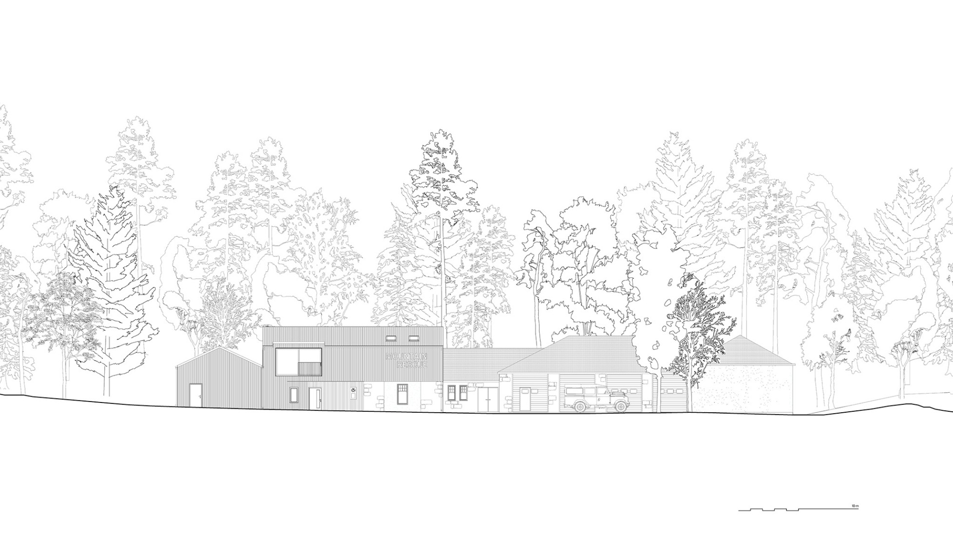 Site elevation. Braemar Mountain Rescue Centre by Moxon Architects.