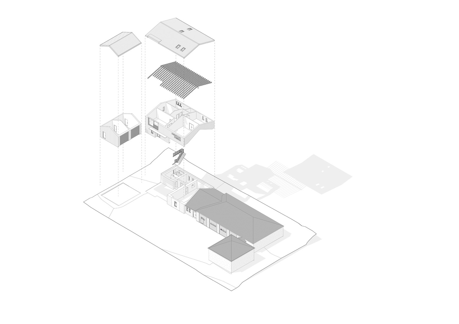Exploded axonometry. Braemar Mountain Rescue Centre by Moxon Architects.