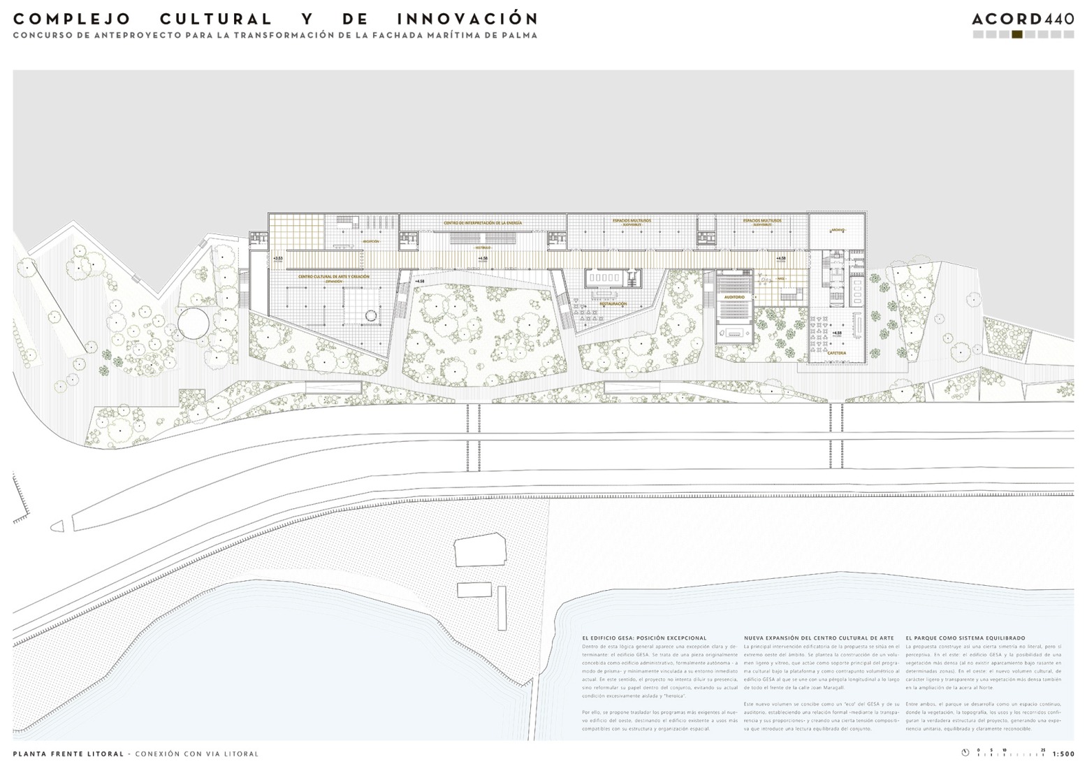 Planta -1. Panel del concurso para la transformación del edificio GESA y el paseo marítimo de Palma por Cruz y Ortiz Arquitectos.