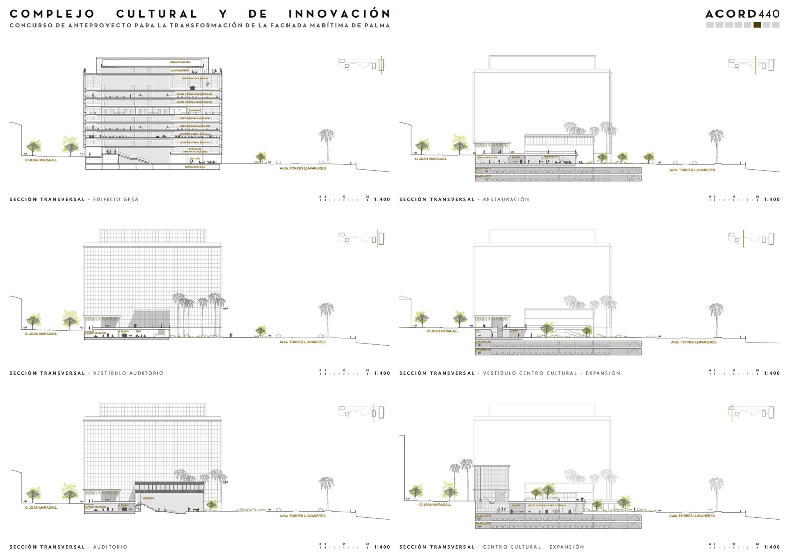 Alzados y secciones. Panel del concurso para la transformación del edificio GESA y el paseo marítimo de Palma por Cruz y Ortiz Arquitectos.