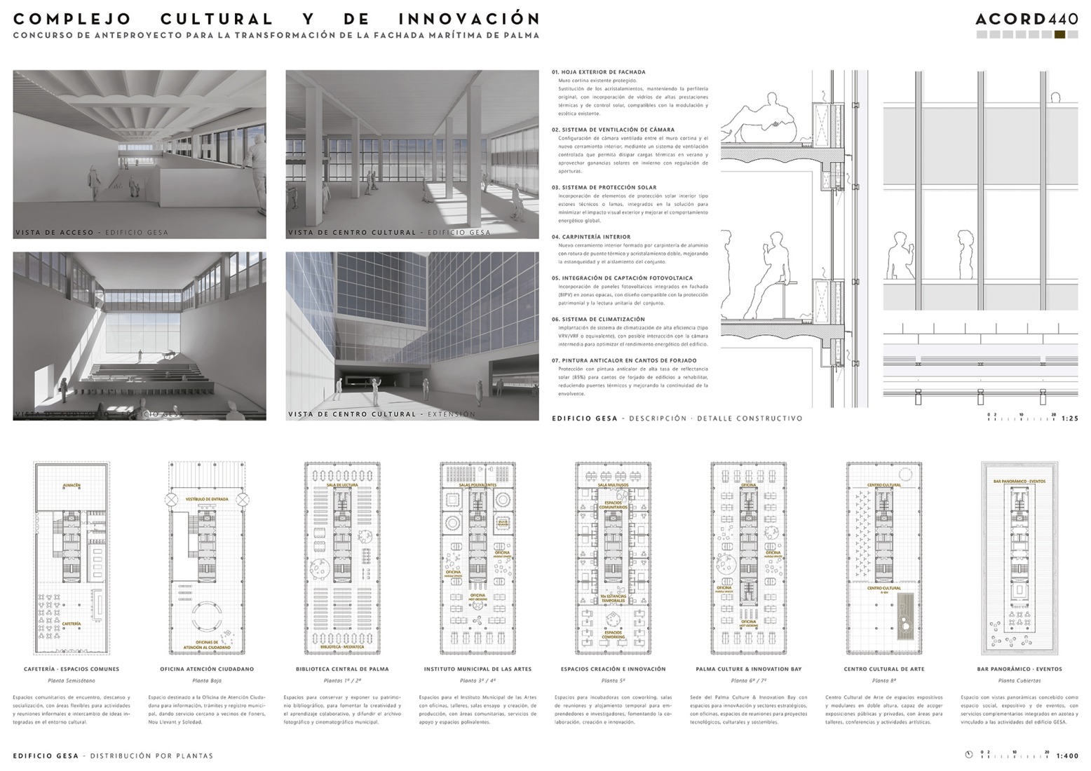 Plantas edificio GESA. Panel del concurso para la transformación del edificio GESA y el paseo marítimo de Palma por Cruz y Ortiz Arquitectos.