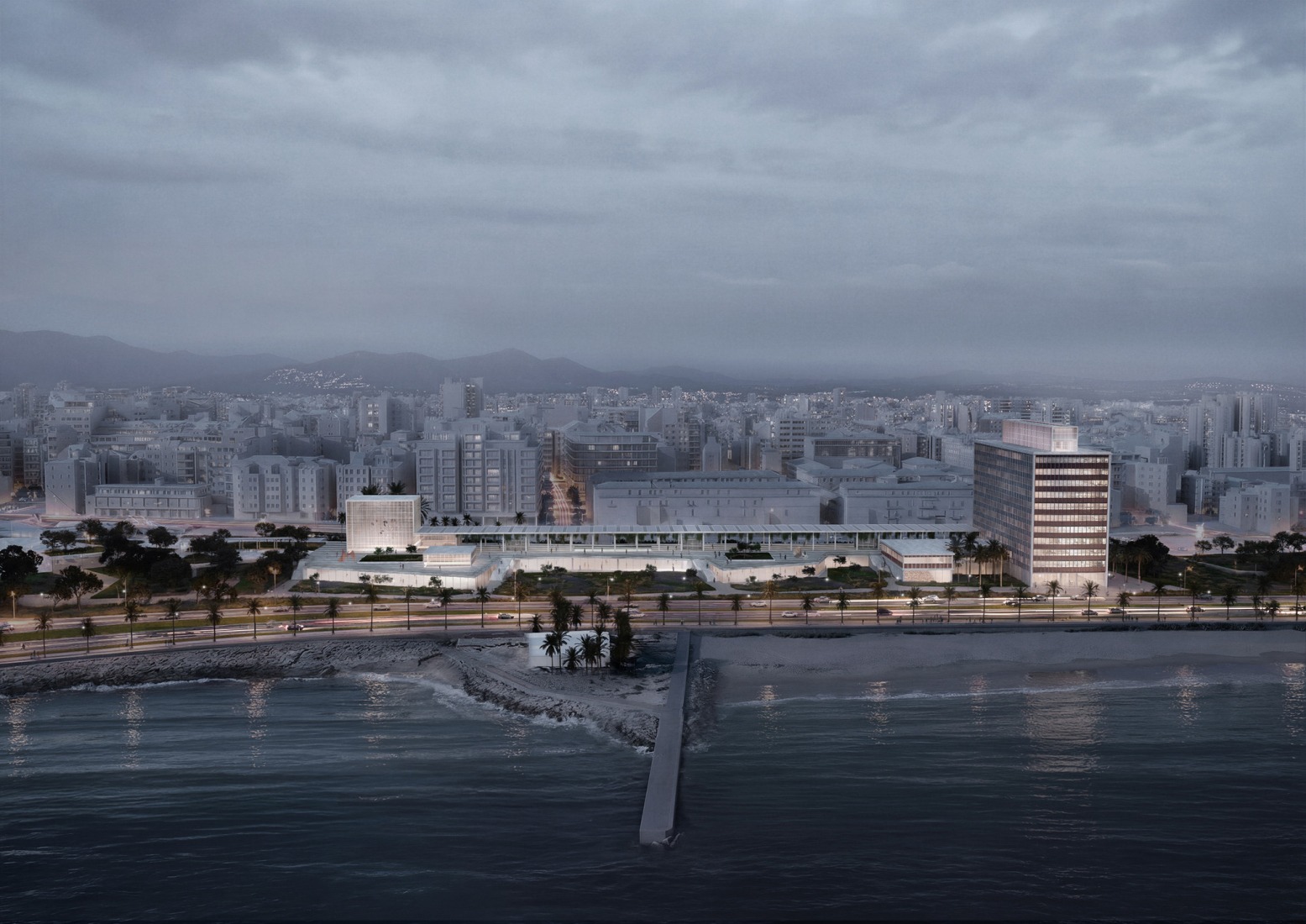 Visualización nocturna de la propuesta de Cruz y Ortiz, para recuperar la fachada marítima de Palma
