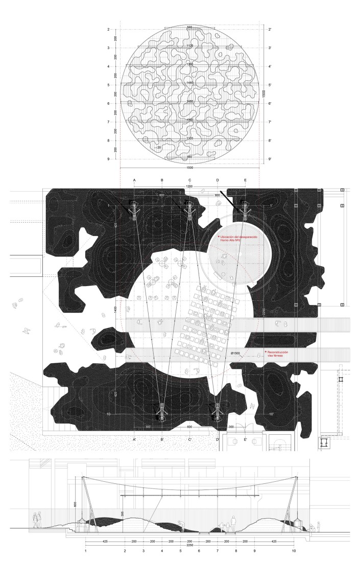 Roof and Ground floor plans, and section. FERRUM, a proposal by architect Juan Mateos Corona, will be located in Labe Garaia Park in Sestao (Vizcaya - Bizkaia), next to the former Blast Furnace No. 1.