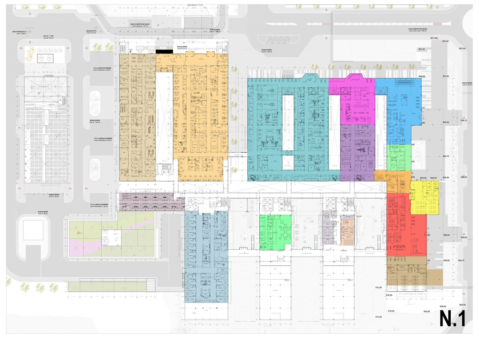First floor plan. New University Hospital of Cuenca by Gádor de Carvajal, Juan Casariego, Fernando Cruz.