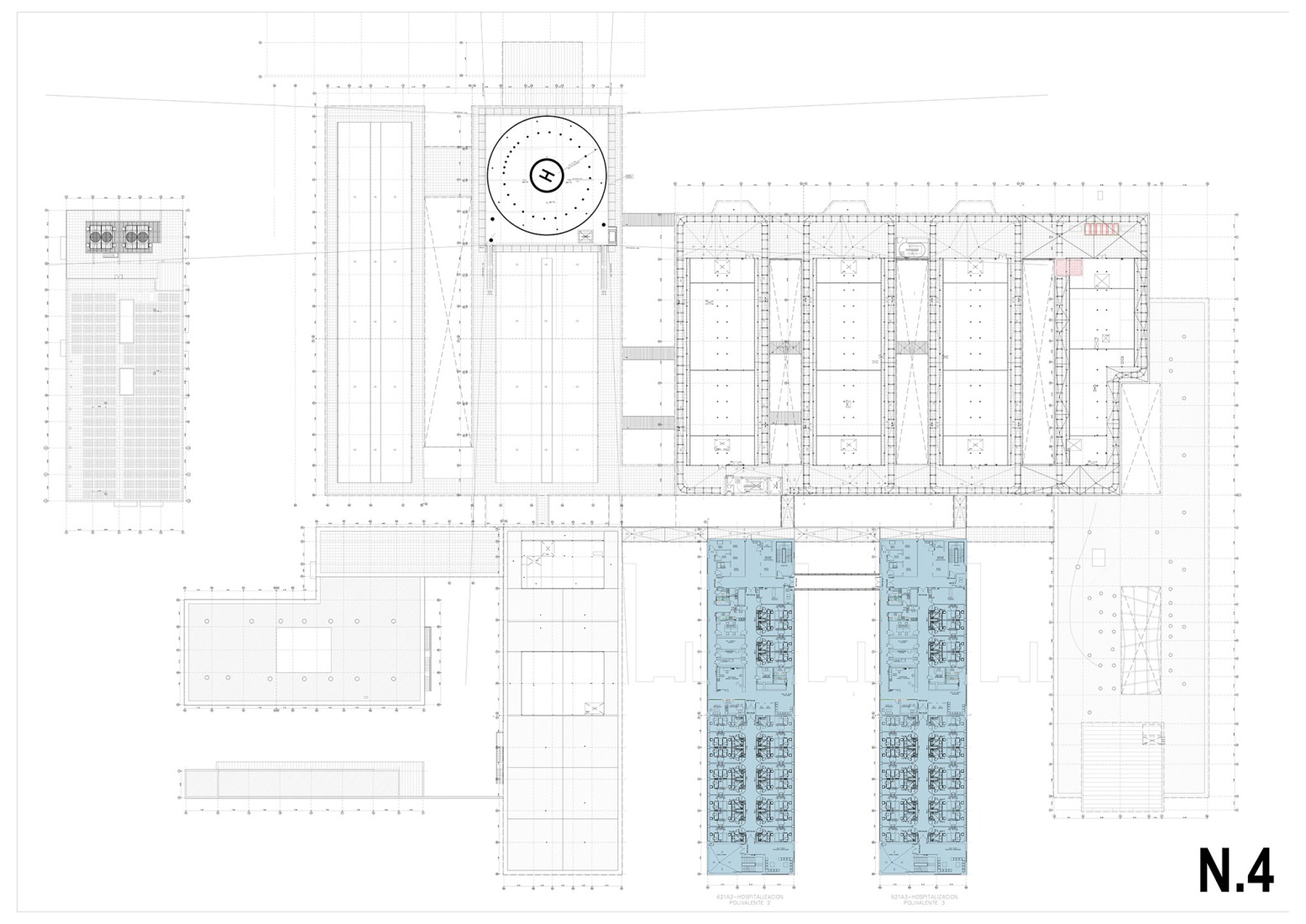 Fourth floor plan. New University Hospital of Cuenca by Gádor de Carvajal, Juan Casariego, Fernando Cruz.