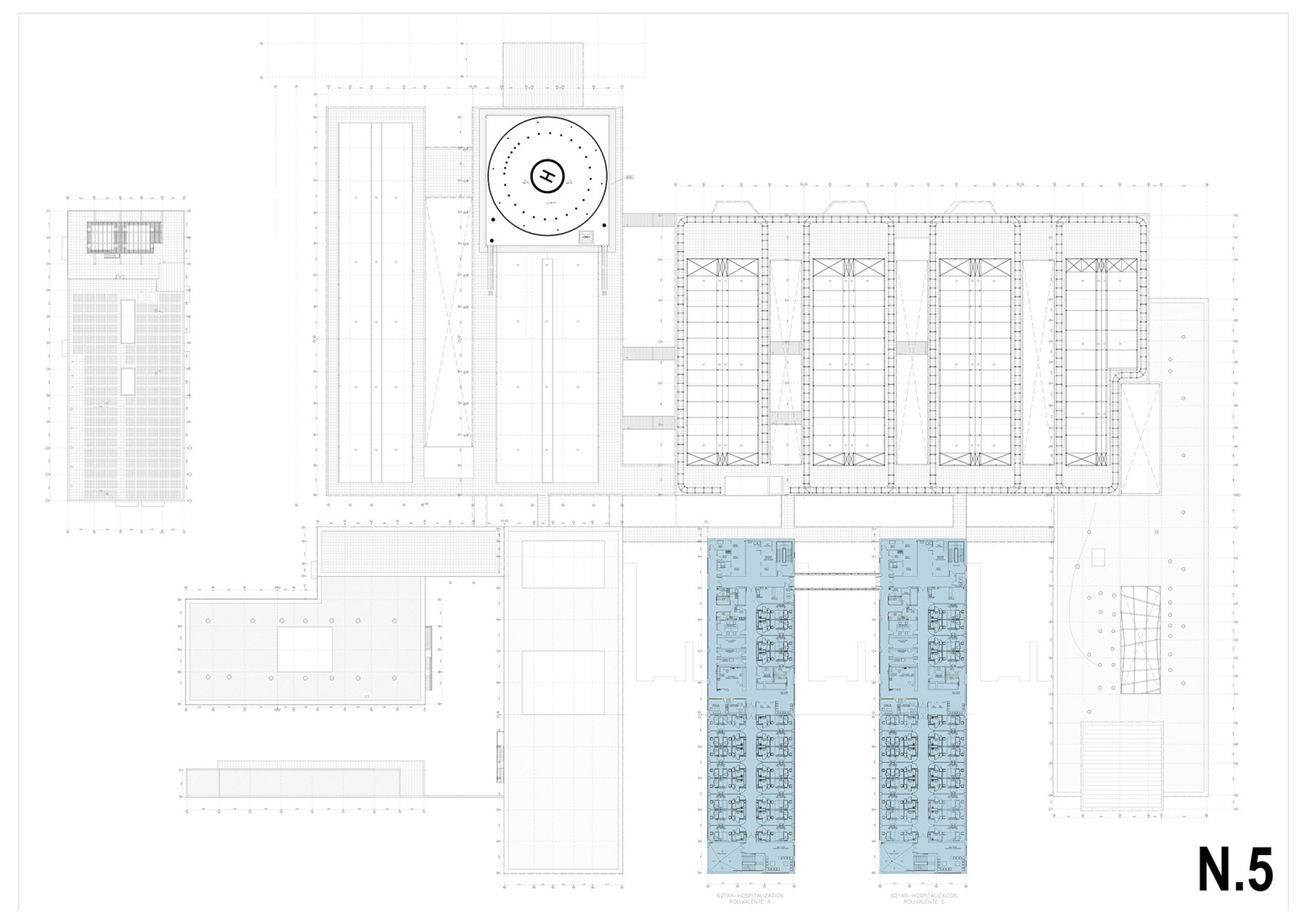 Fifth floor plan. New University Hospital of Cuenca by Gádor de Carvajal, Juan Casariego, Fernando Cruz.