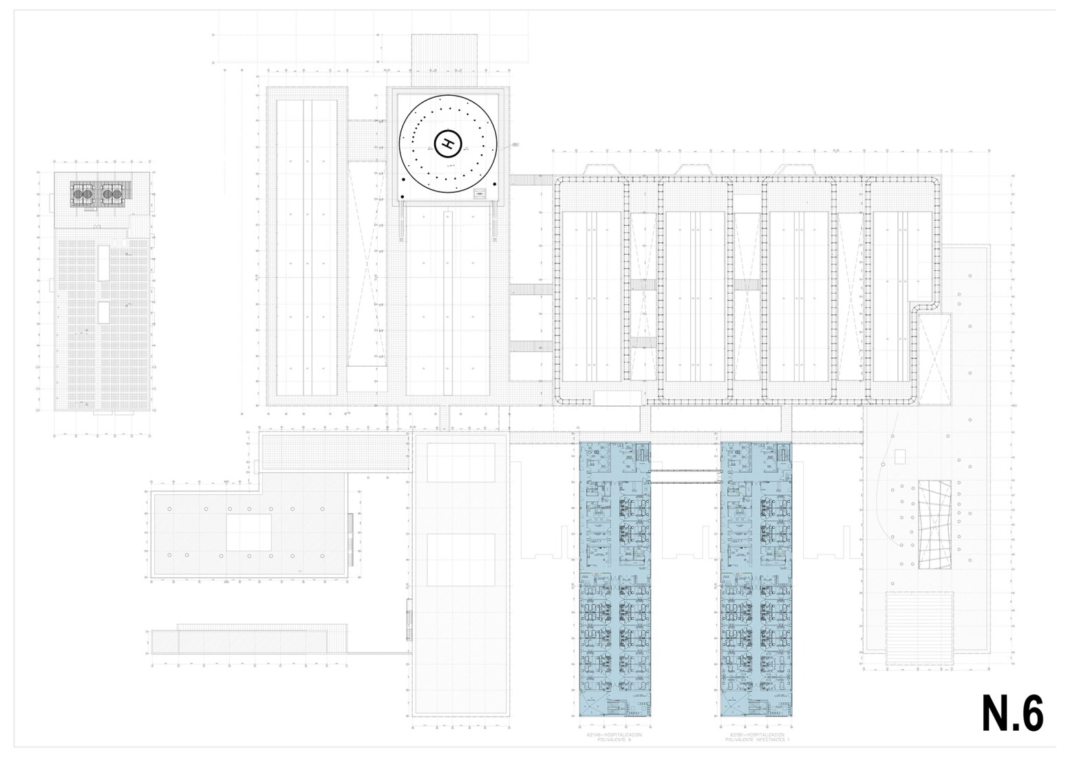 Sixth floor plan. New University Hospital of Cuenca by Gádor de Carvajal, Juan Casariego, Fernando Cruz.