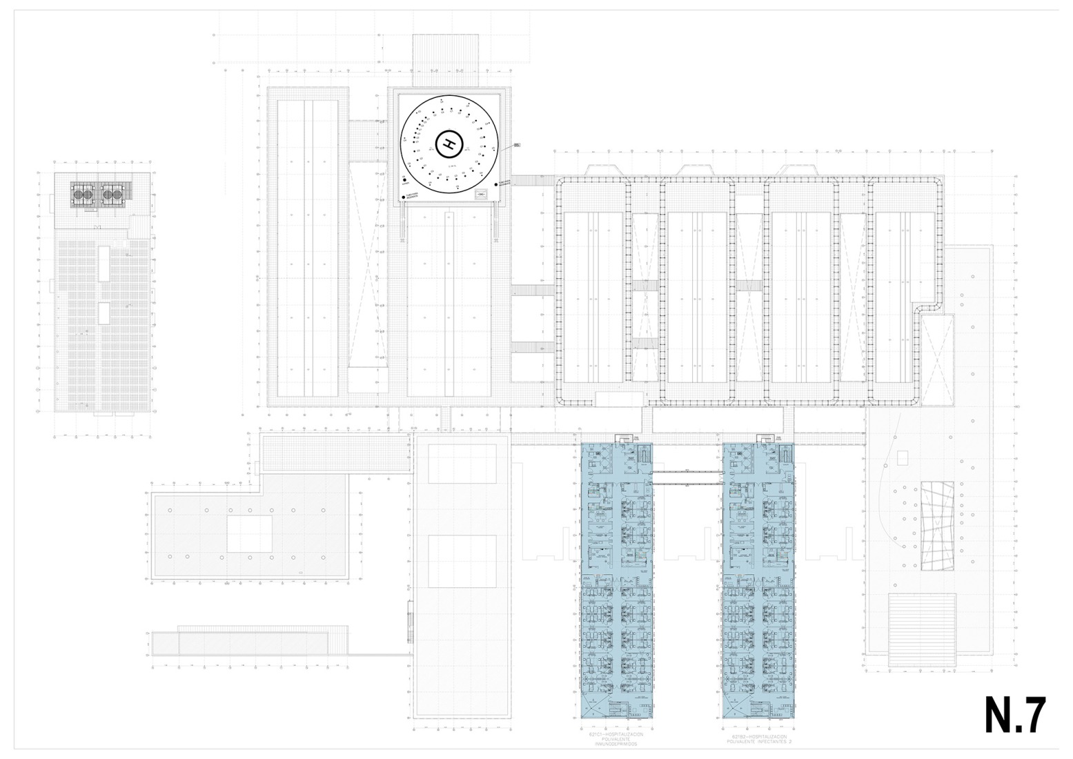 Seventh floor plan. New University Hospital of Cuenca by Gádor de Carvajal, Juan Casariego, Fernando Cruz.