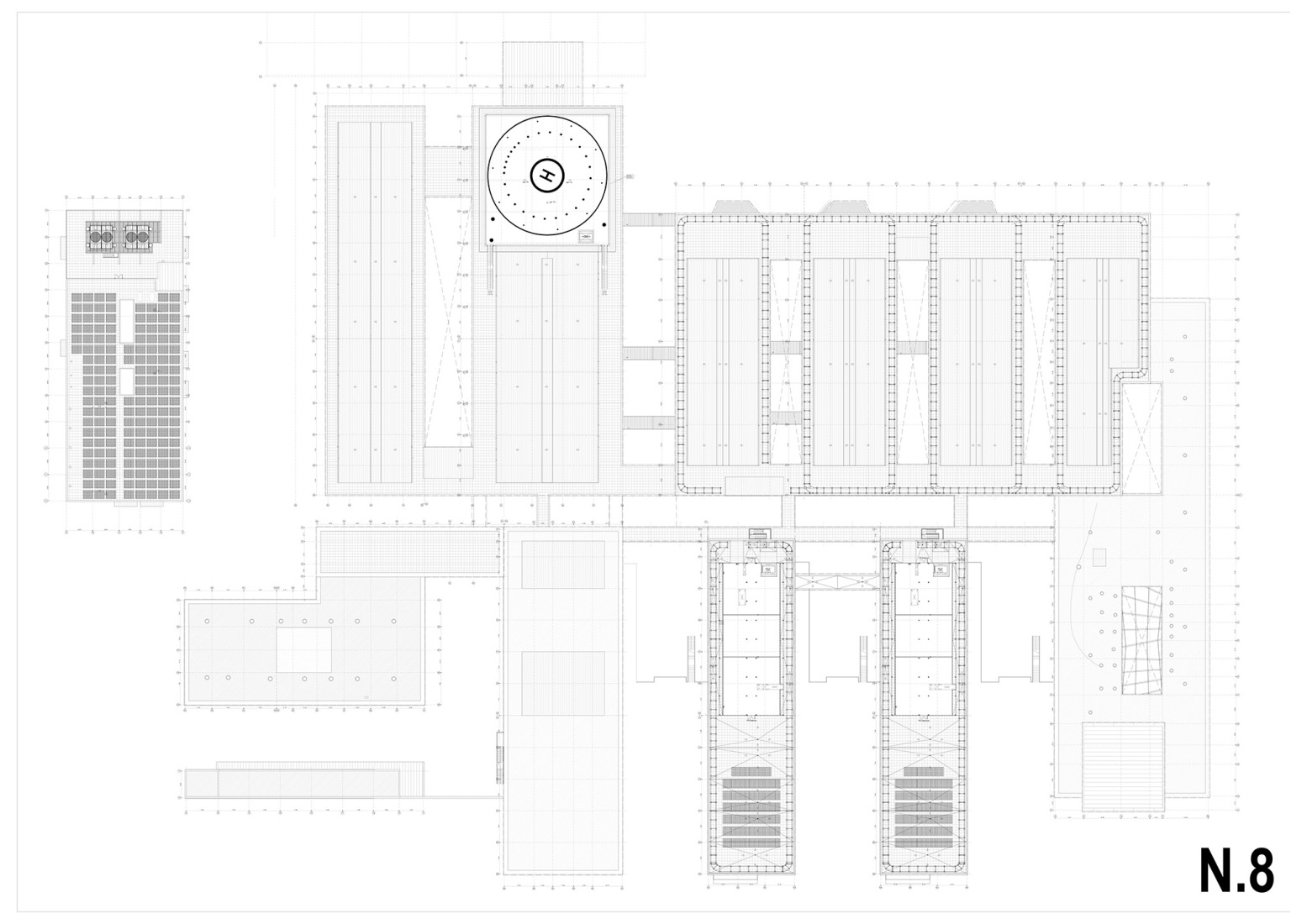 Eighth floor plan. New University Hospital of Cuenca by Gádor de Carvajal, Juan Casariego, Fernando Cruz.