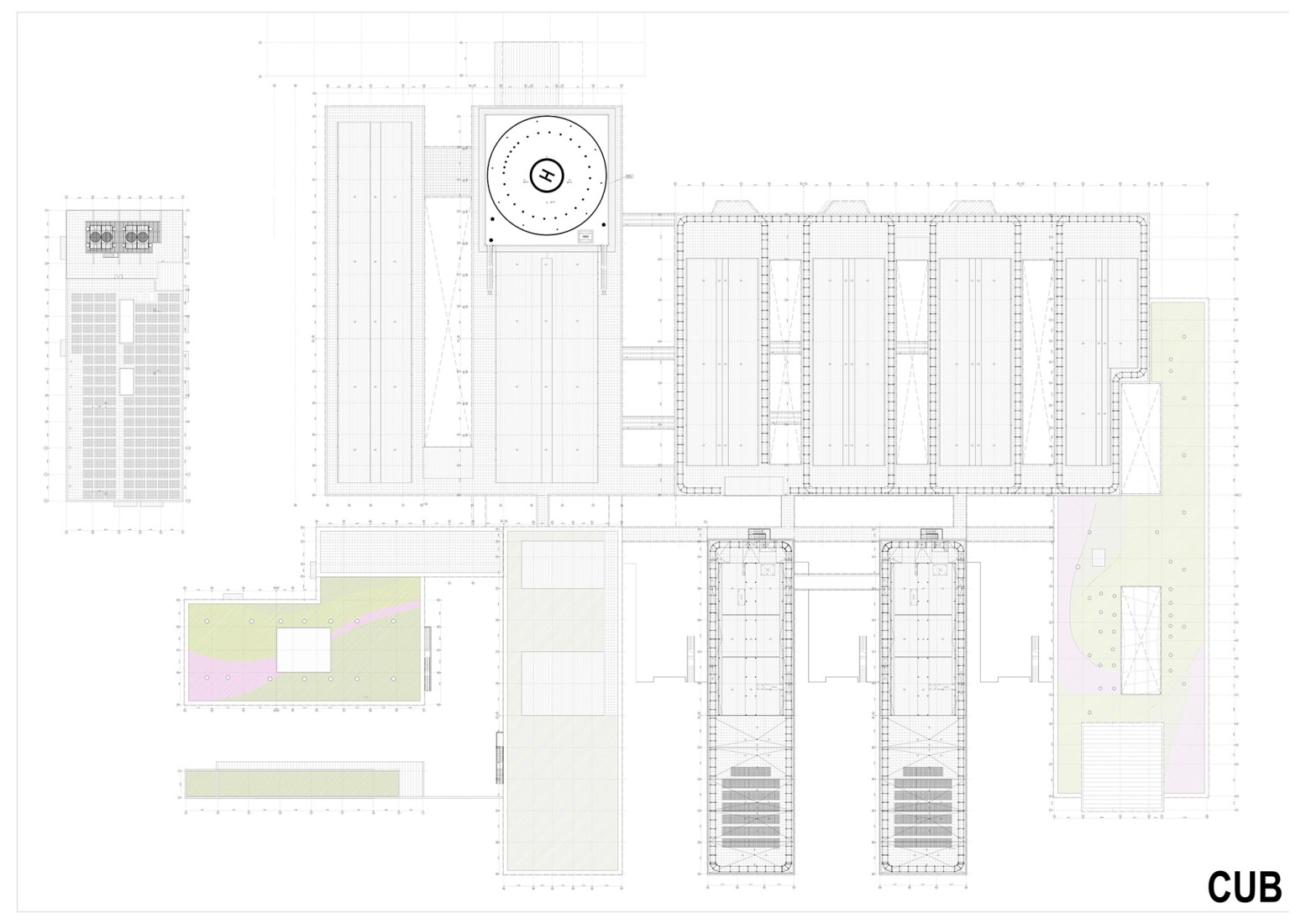 Rooftop floor plan. New University Hospital of Cuenca by Gádor de Carvajal, Juan Casariego, Fernando Cruz.