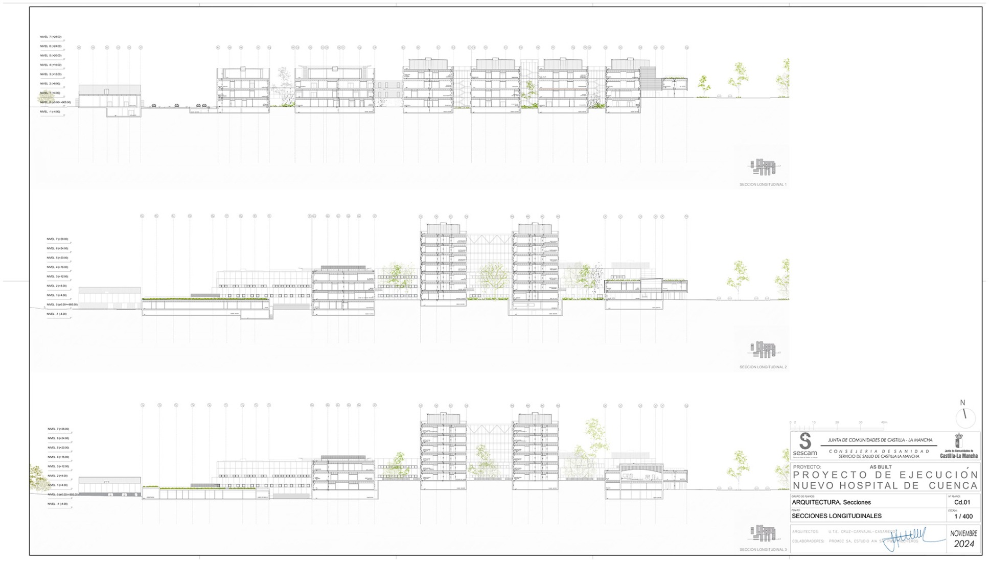 Sections. New University Hospital of Cuenca by Gádor de Carvajal, Juan Casariego, Fernando Cruz.