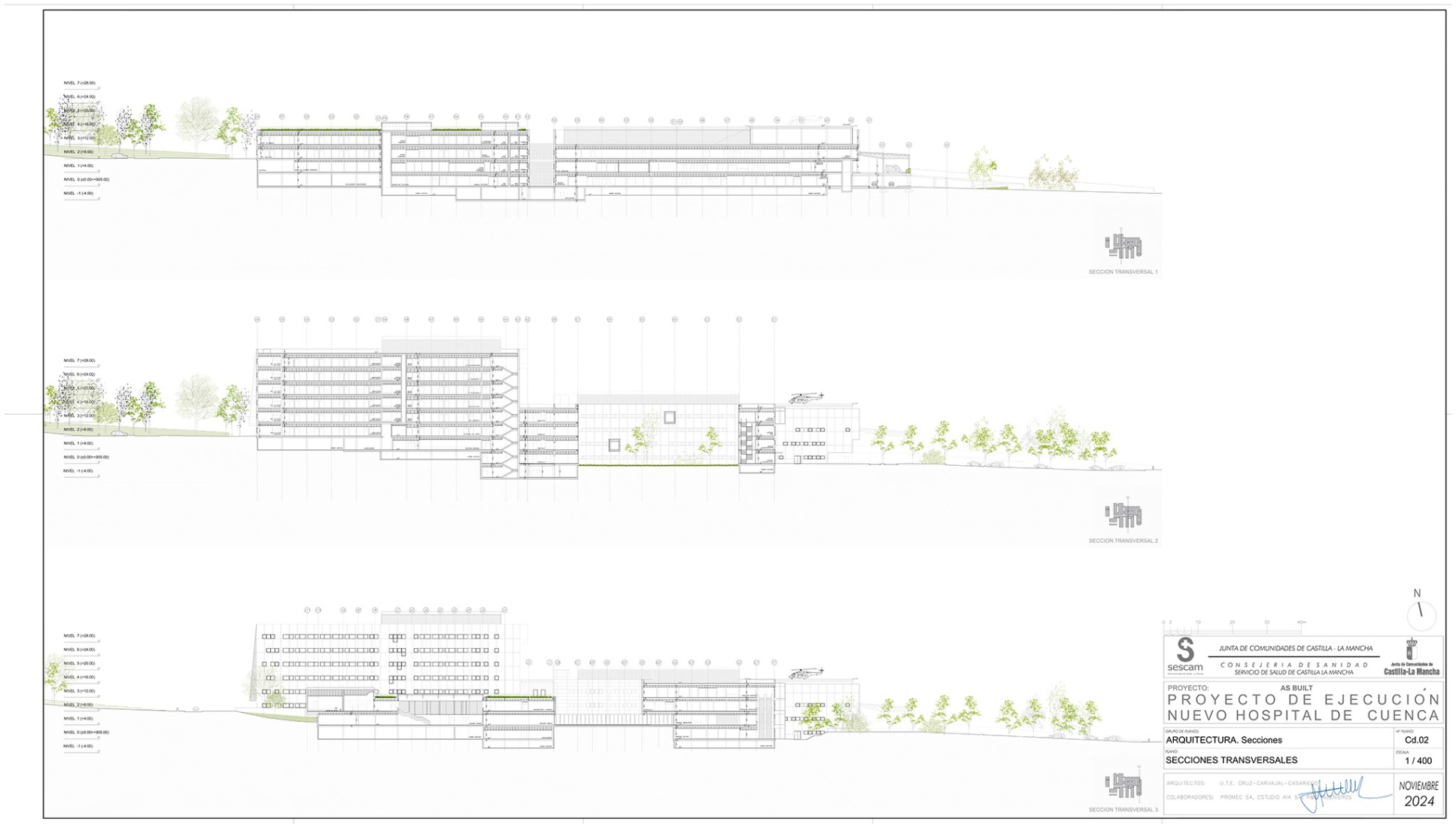 Sections. New University Hospital of Cuenca by Gádor de Carvajal, Juan Casariego, Fernando Cruz.