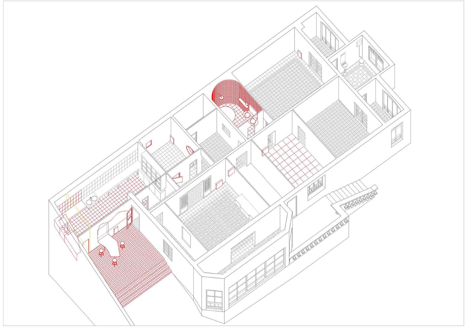 Axonometría. Casa Plató por h3o architects.