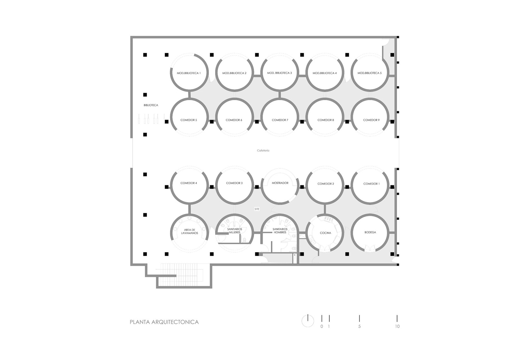 Plano de planta baja. «Cafetería Hundida» por Jonathan Corral Arquitectos.