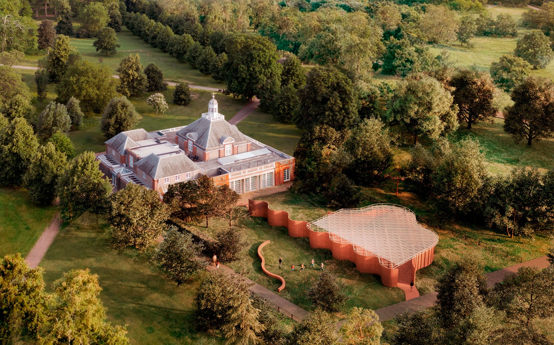 Overview rendering. Serpentine Pavilion 2026: A serpentine, designed by Isabel Abascal and Alessandro Arienzo, LANZA atelier. Image by LANZA atelier. Courtesy Serpentine.