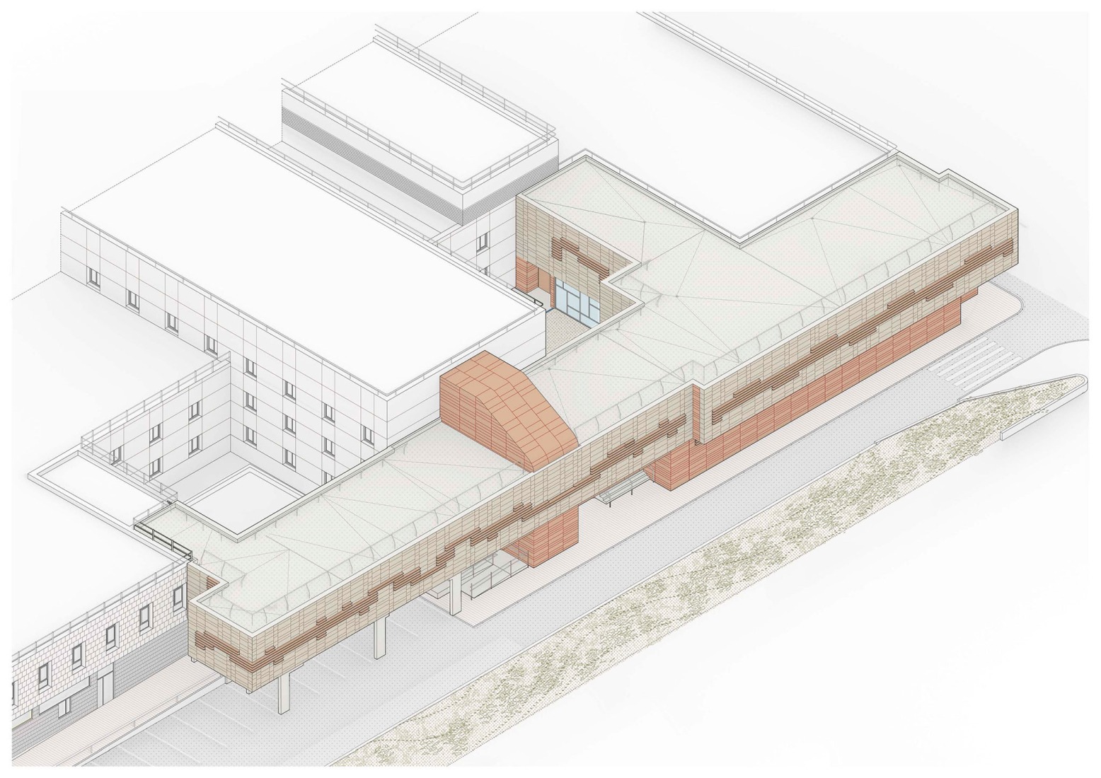 Axonometry. Northwest Regional Hospital Extension y lópez+aroca arquitectura.