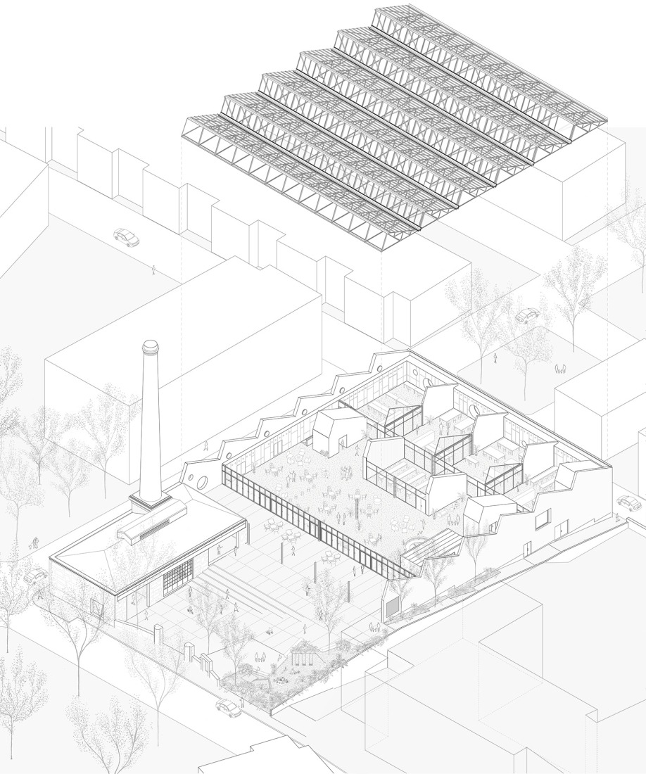Axonometry. Multifunctional equipment for Can Comadran by Mestres Wåge Arquitectes.