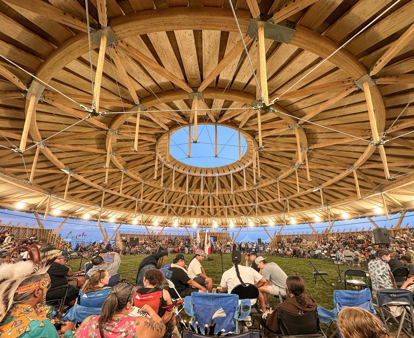 Muscowpetung Powwow Arbour by Oxbow Architecture and Richard Kroeker. Photograph courtesy of Oxbow Architeture.