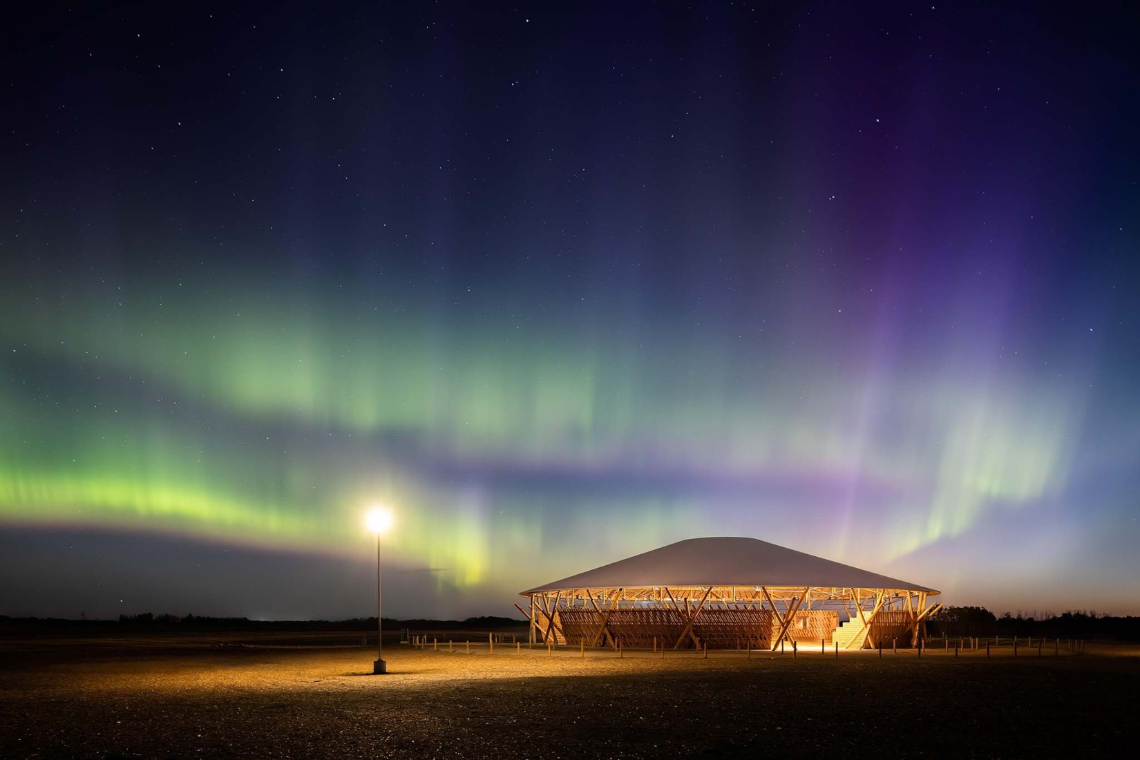 Muscowpetung Powwow Arbour by Oxbow Architecture and Richard Kroeker. Photograph by Lindsay Reid.