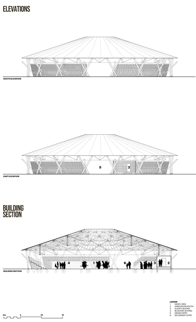 Elevations and section. Muscowpetung Powwow Arbour by Oxbow Architecture and Richard Kroeker.