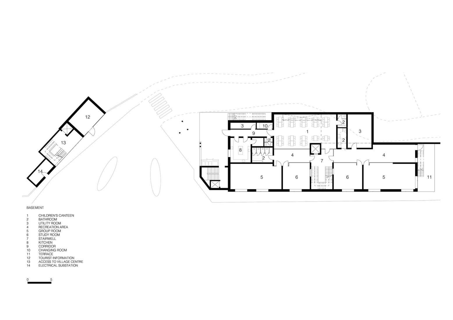 Plano de planta de sótano. Edificio multifuncional en Barbiano, por Roland Baldi Architects.