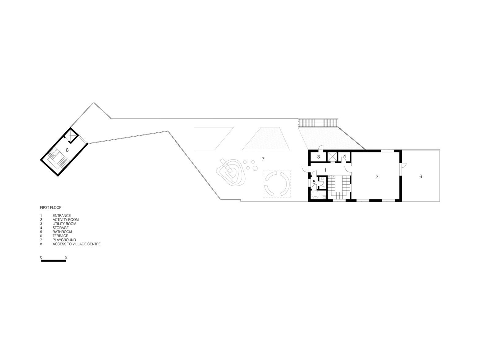 Plano de primera planta. Edificio multifuncional en Barbiano, por Roland Baldi Architects.