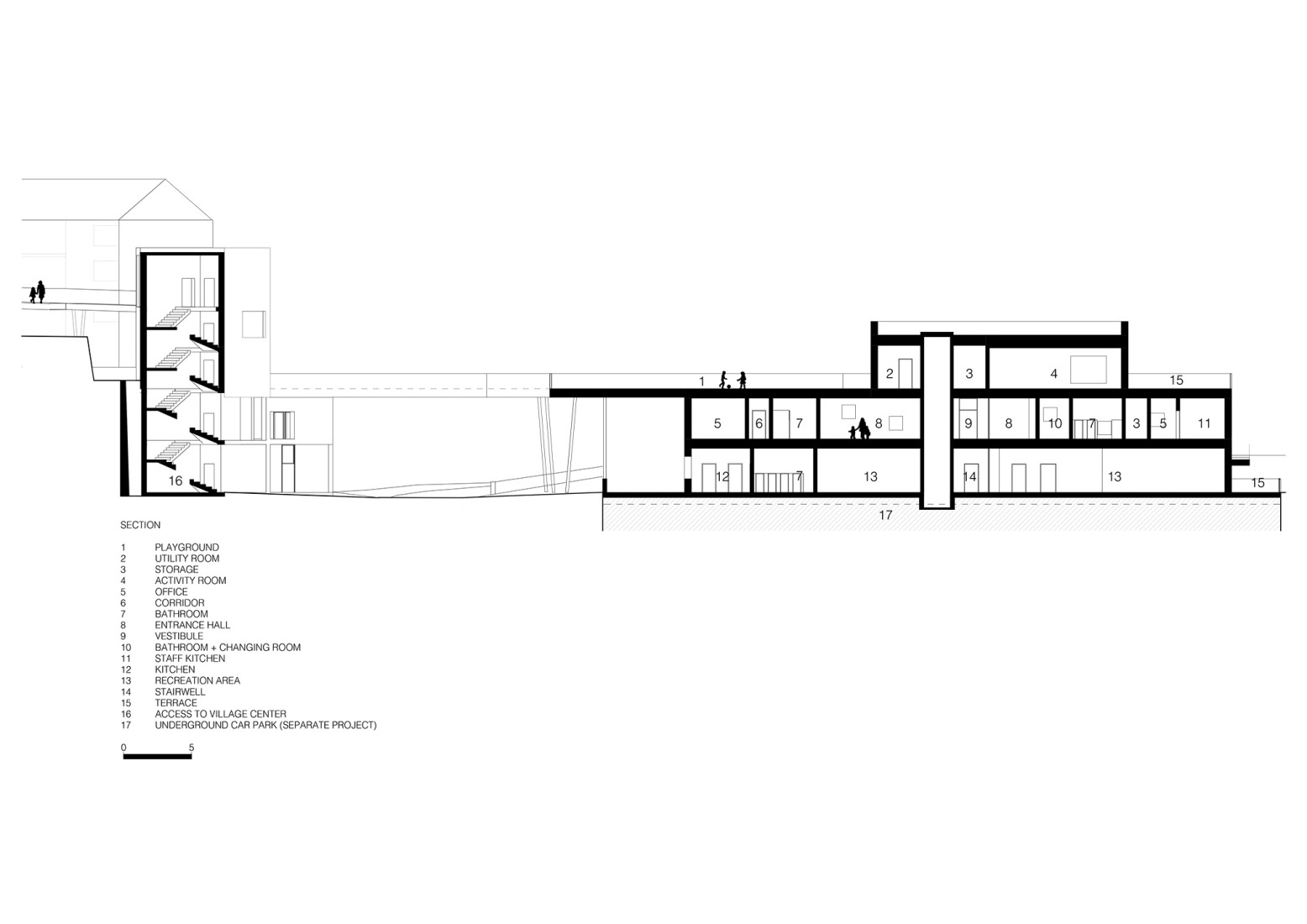 Sección. Edificio multifuncional en Barbiano, por Roland Baldi Architects.
