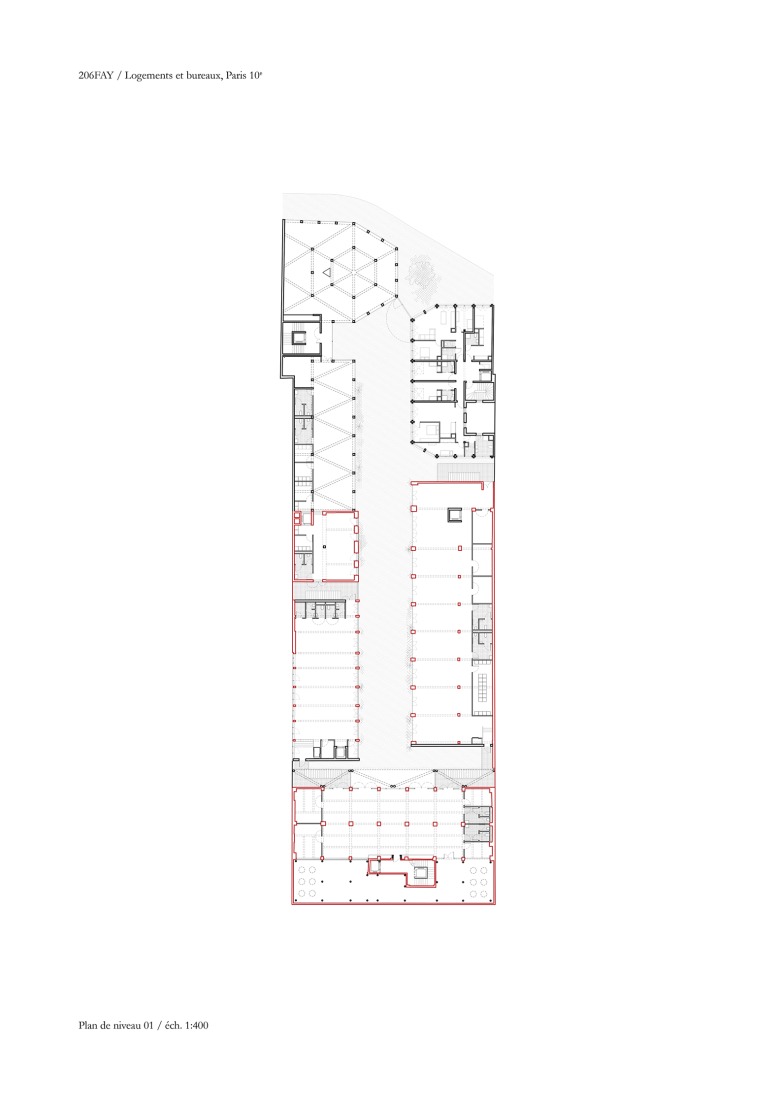Plano de primera planta. 206 Lafayette - Reestructuración y densificación de una manzana de uso mixto que incluye oficinas, viviendas sociales y locales comerciales por DATA architectes + THINK TANK architecture.