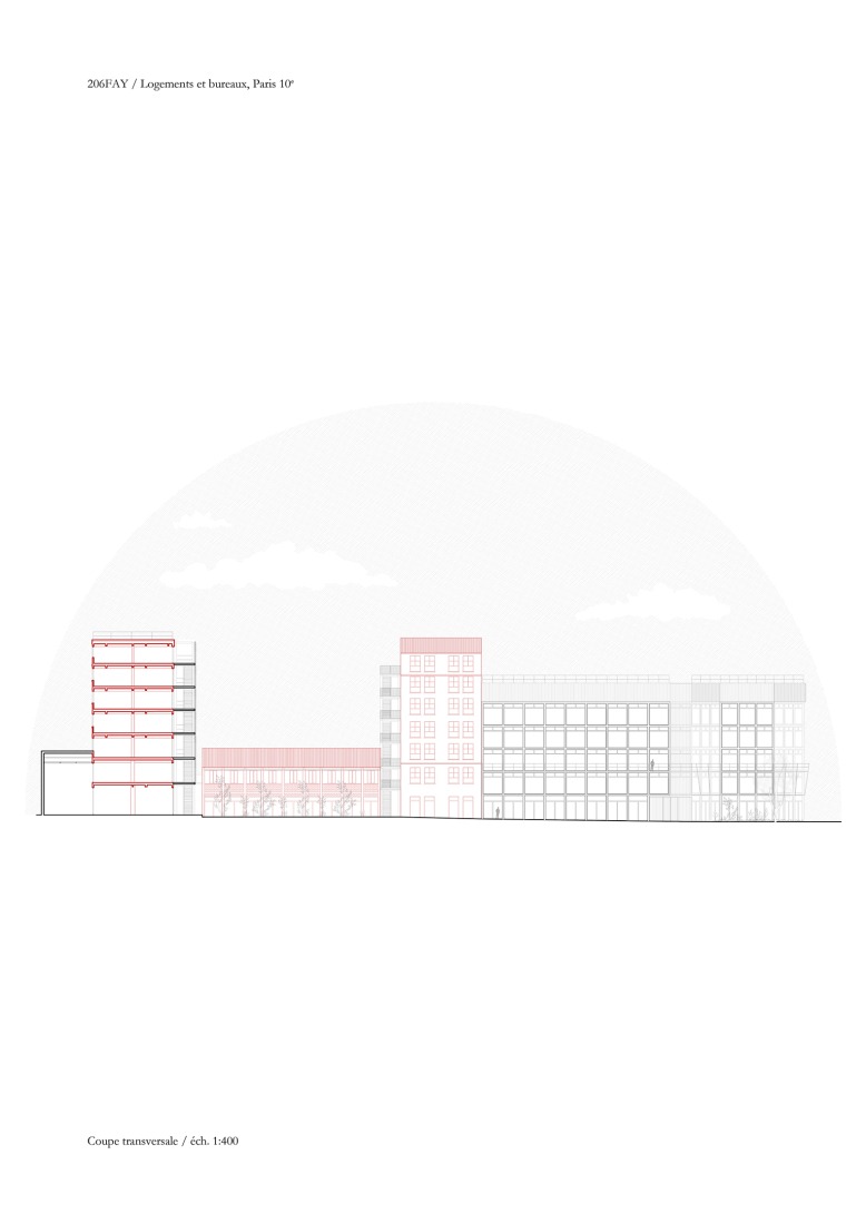 Sección transversal. 206 Lafayette - Reestructuración y densificación de una manzana de uso mixto que incluye oficinas, viviendas sociales y locales comerciales por DATA architectes + THINK TANK architecture.
