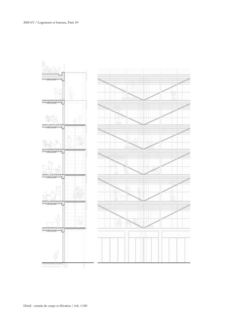 Detalle de fachada. 206 Lafayette - Reestructuración y densificación de una manzana de uso mixto que incluye oficinas, viviendas sociales y locales comerciales por DATA architectes + THINK TANK architecture. 