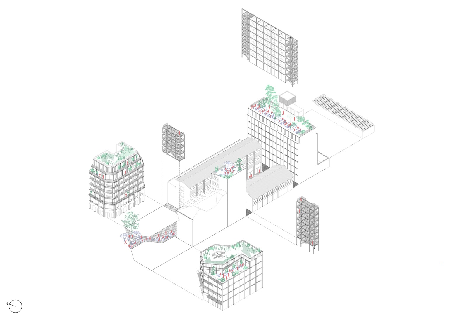Axonometría. 206 Lafayette - Reestructuración y densificación de una manzana de uso mixto que incluye oficinas, viviendas sociales y locales comerciales por DATA architectes + THINK TANK architecture.