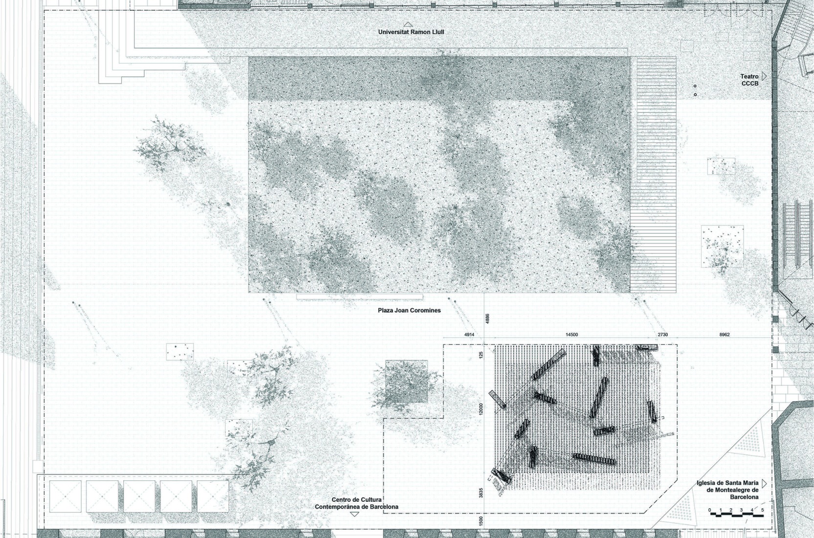Site plan. Una sombra improbable, by Pablo Schmidt Kamp, Rodrigo Pérez Vásquez, and Santiago Rodríguez Prada, will be the temporary pavilion located in Joan Coromines Square, near the CCCB Barcelona.