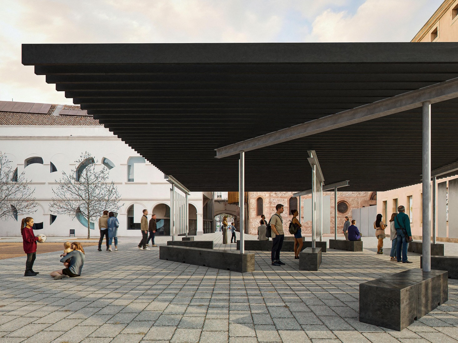 Rendering. Una sombra improbable, by Pablo Schmidt Kamp, Rodrigo Pérez Vásquez, and Santiago Rodríguez Prada, will be the temporary pavilion located in Joan Coromines Square, near the CCCB Barcelona.