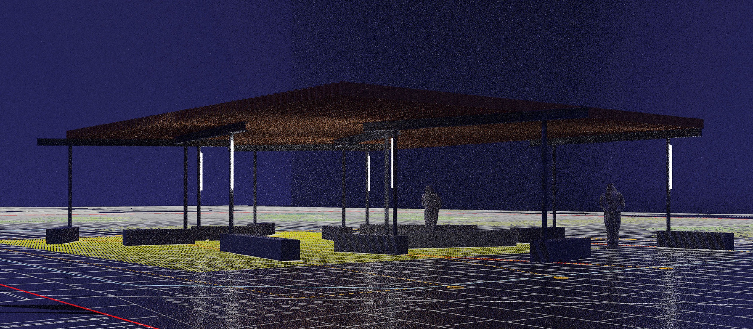 Rendering. Una sombra improbable, by Pablo Schmidt Kamp, Rodrigo Pérez Vásquez, and Santiago Rodríguez Prada, will be the temporary pavilion located in Joan Coromines Square, near the CCCB Barcelona.