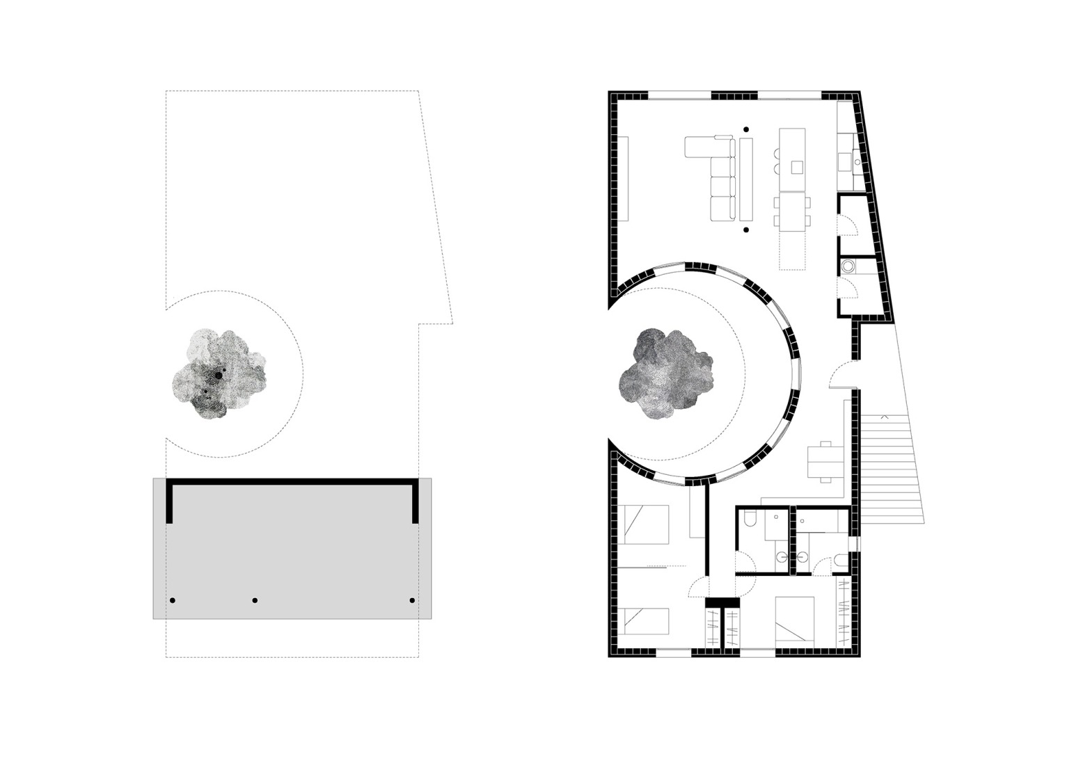 Plano de planta baja / Plano de planta de cubierta. Vivienda Cecebre por Sinaldaba.