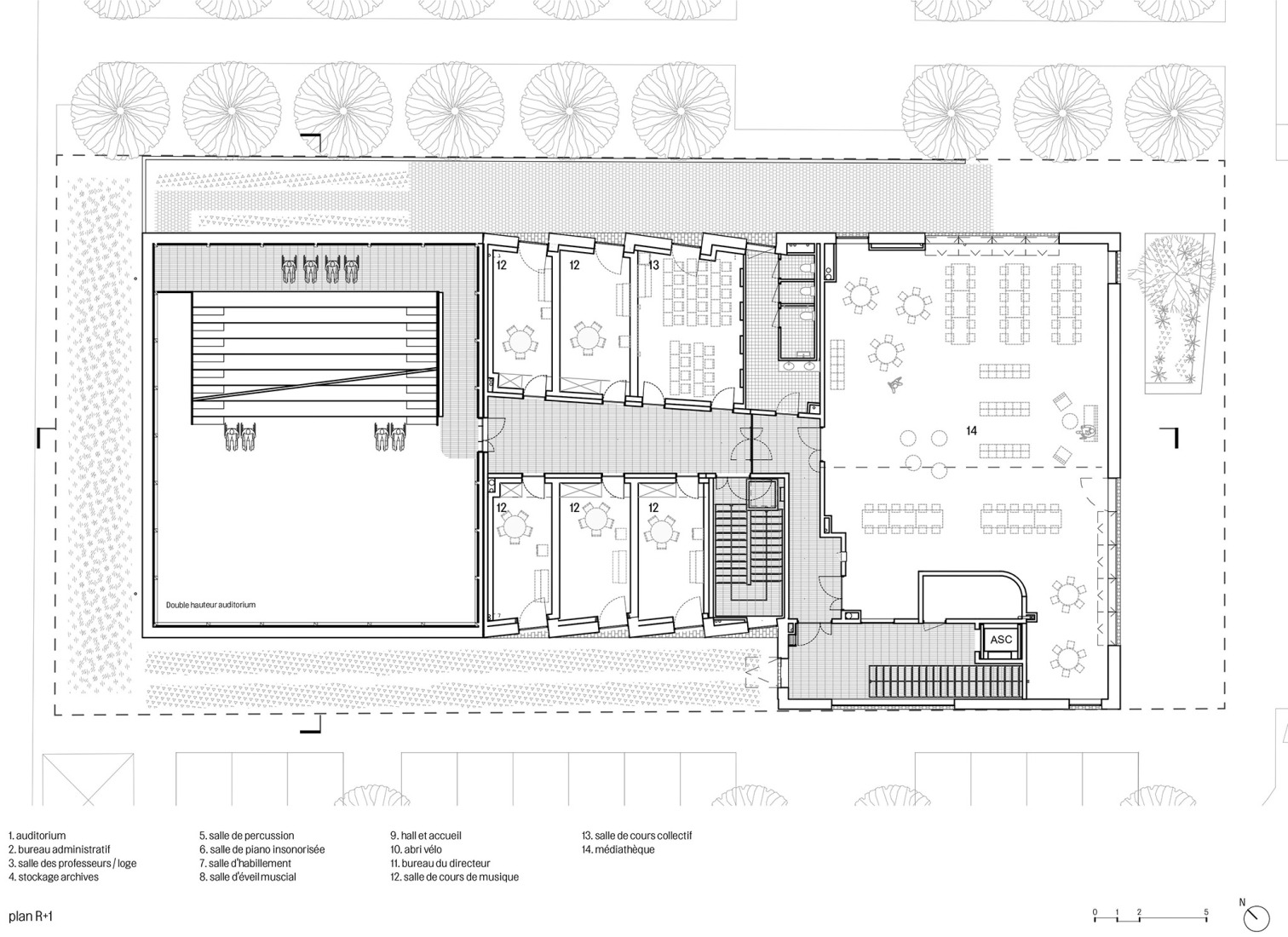First floor plan. Jean-Claude Casadesus Conservatory and Auditórium by Ateliers O-S architectes.