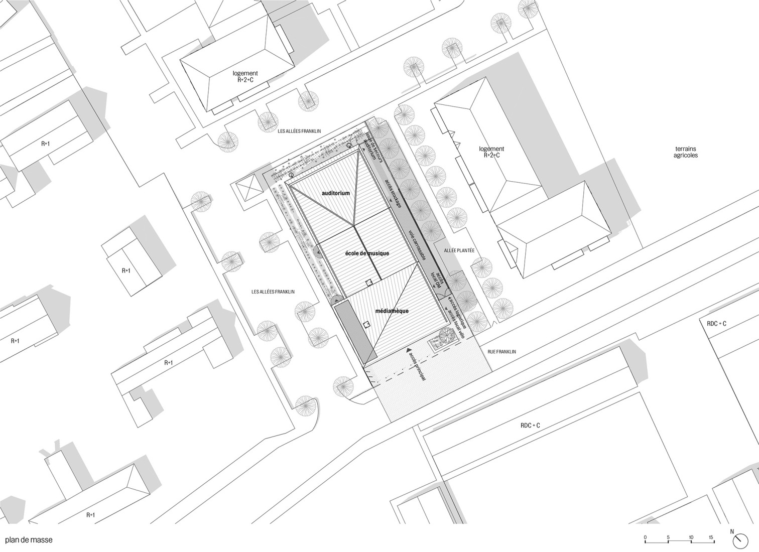 Roof floor plan with program. Jean-Claude Casadesus Conservatory and Auditórium by Ateliers O-S architectes.