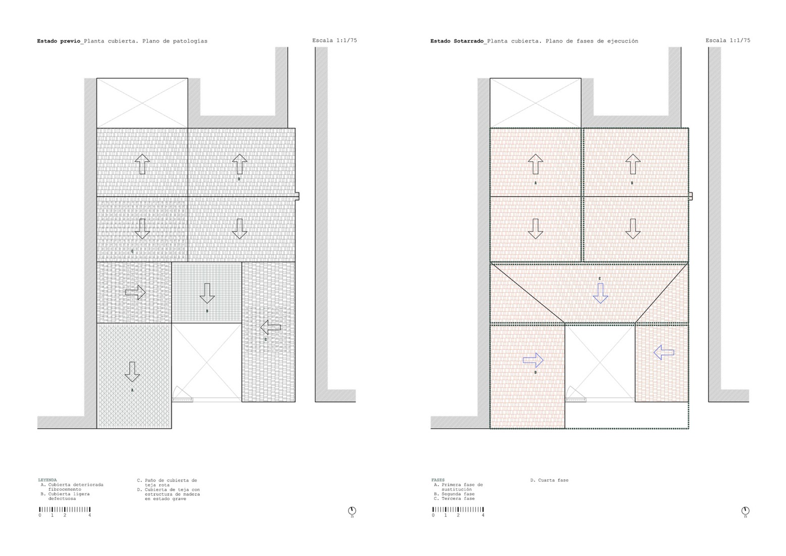 Plano de planta cubierta, estado previo y fase ejecución. Casa Sotarrá por FORarquitectura.