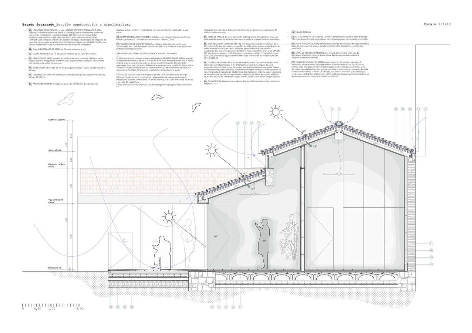 Sección constructiva y bioclimática. Casa Sotarrá por FORarquitectura.